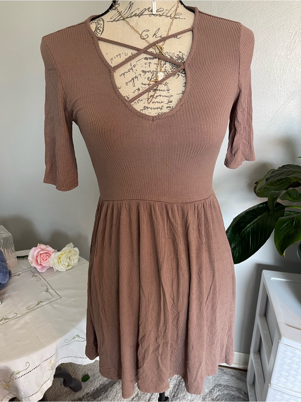 Timing Mauve Ribbed Criss Cross Babydoll Dress Size S Boho Casual